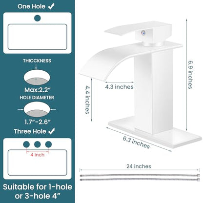 Bathroom Faucets White Waterfall Single Handle Bathroom Sink Faucet | with Pop-up Drain & Deck,Supply Hoses,Single Handle Vanity Faucet,Stainless Steel,1 or 3 Hole,RV,Farmhouse Bathrooms - color: A-White, style: Short