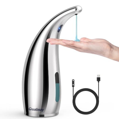 Automatic Soap Dispenser Touchless Rechargeable 10 oz | Magnetic USB Charging, IPX7 Waterproof Sensor Pump with 4 Adjustable Levels for Kitchen Sink & Bathroom Hand Soap - color: Polished Silver