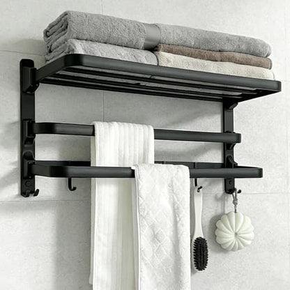 24in Towel Racks Shelf for Bathroom Wall Mounted with 2 Bar for Hotel,Black | Double Space Saving Foldable Rustproof Painted Aluminum L-Shape 2 Bars Modern - size: 2 Tier