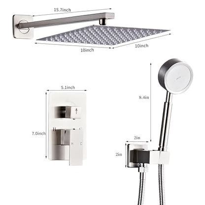Brushed Nickel Rainfall Shower Head, Wall Mounted 8 Inch Shower Heads with Handheld Spray Combo, Luxury Bathroom Square Rain Shower System, Solid Brass Pressure Balancd Shower Faucet Valve - color: Brushed Nickel, style: 8 Inch