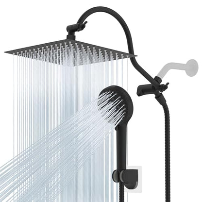 Hibbent 12'' All Metal CUPC Certified Shower Head, High Pressure Rainfall Shower Head, Handheld Showerhead Combo, 12'' Adjustable Extension Arm, 10-Spray, 71'' Hose, Showerhead Holder, Matte Black - color: Matte Black, style: Square 12''