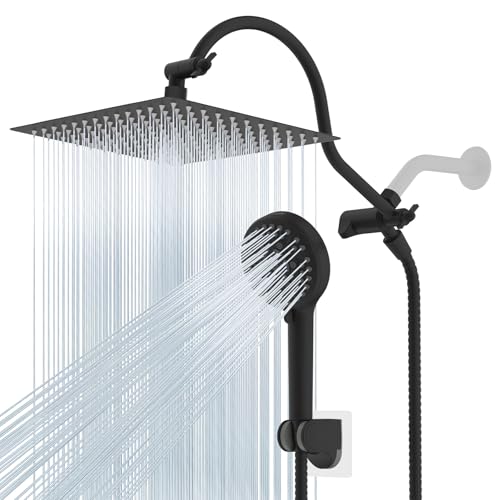 Hibbent 12'' All Metal CUPC Certified Shower Head, High Pressure Rainfall Shower Head, Handheld Showerhead Combo, 12'' Adjustable Extension Arm, 10-Spray, 71'' Hose, Showerhead Holder, Matte Black - color: Matte Black, style: Square 12''