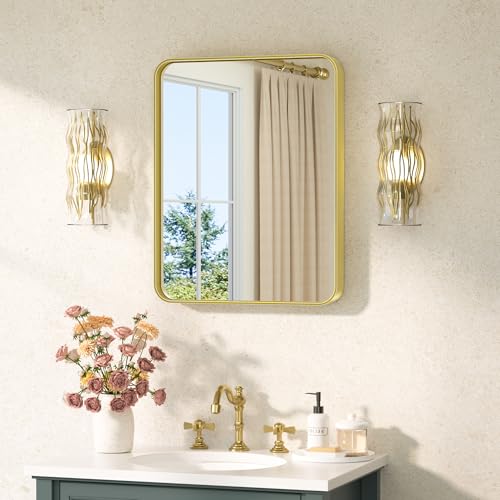 TETOTE 16 x 20 Inch Gold Bathroom Mirror Brushed Gold Metal Framed Vanity Mirror, Tempered Glass, Wall Mounted for Bathroom, Entryway, Bedroom, Living Room(Horizontal/Vertical) - color: Brushed Gold, size: 20"L x 16"W