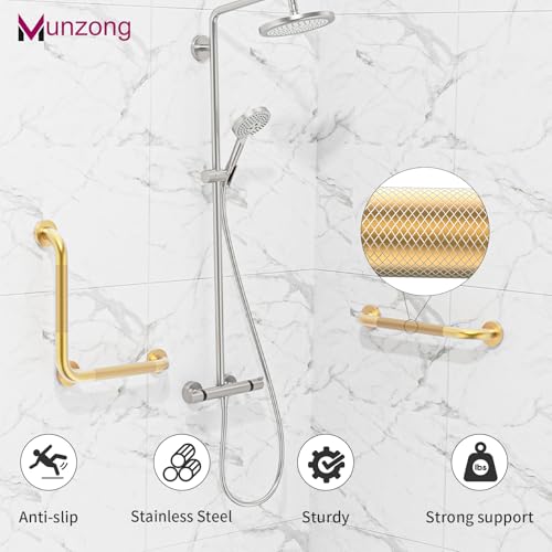 16x16 Inch Munzong Angled Gold Bathroom Grab Bars for Shower | Angled Grab Bar Anti Slip Stainless Steel Knurled Safety Handle Support Elderly Injury Senior - color: Gold