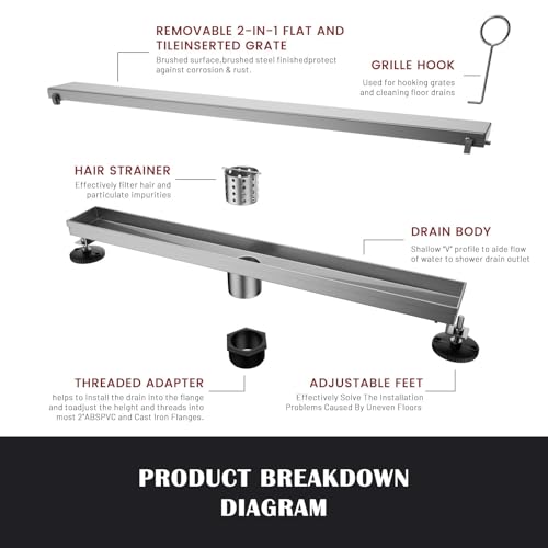 24 Inch Liner Shower Drain with Tile Insert Panels, Stainless Steel Rectangle Liner Drain, Shower Floor Drain with Hair Strainer, Ajustable Leveling Feet (Brushed Nickel) - color: Brushed Nickel-b, size: 24IN