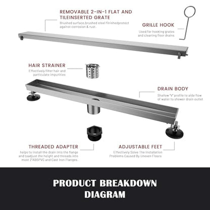 24 Inch Liner Shower Drain with Tile Insert Panels, Stainless Steel Rectangle Liner Drain, Shower Floor Drain with Hair Strainer, Ajustable Leveling Feet (Brushed Nickel) - color: Brushed Nickel-b, size: 24IN