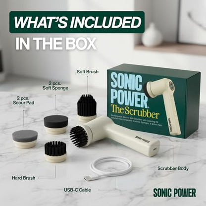 SonicPower Electric Spin Scrubber – Handheld & Ergonomic, IPX7 Waterproof, 4 Multi-Purpose Brush Heads, Long-Lasting Rechargeable Battery – Cleans Dishes, Bathroom, Tile, Grout & Kitchen (Beige) - color: Beige