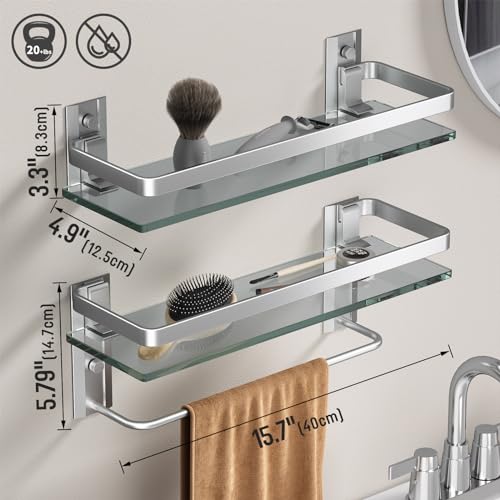Bathroom Shelves Wall Mounted, Clear Tempered Glass Shelf with Towel Bar, Hand Towel Holder(Matte Silver) - color: Silver, size: Combo Set