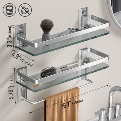 Bathroom Shelves Wall Mounted, Clear Tempered Glass Shelf with Towel Bar, Hand Towel Holder(Matte Silver) - color: Silver, size: Combo Set