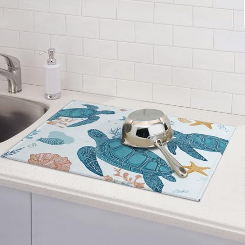 Turtle Pattern Dish Drying Mat for Kitchen Counter Absorbent Microfiber Reversible Dish Pad Fast Drying Countertop Protector Extra Large"18x24"Dish Mat - color: Light Blue-Turtle