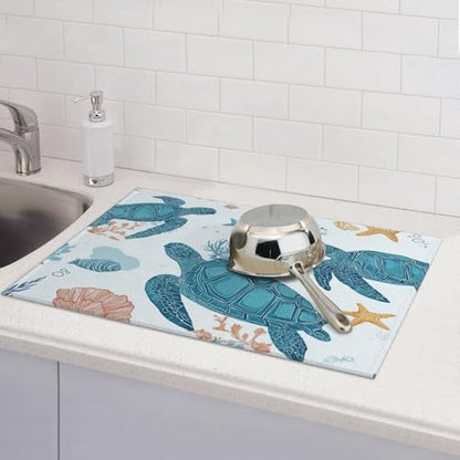Turtle Pattern Dish Drying Mat for Kitchen Counter Absorbent Microfiber Reversible Dish Pad Fast Drying Countertop Protector Extra Large"18x24"Dish Mat - color: Light Blue-Turtle