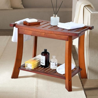 Teak Shower Chair Stool, 24" Shower Bench Seat, Wooden Bathroom Bench with Storage Shelf for Indoor & Outdoor Use - size: 24"