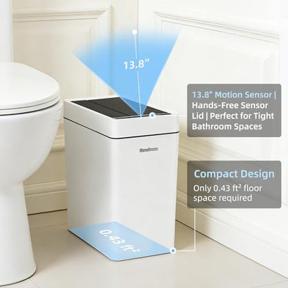 2.7 Gallon Slim Bathroom Touchless Trash Can, Automatic Smart Trash Can with Air-Press Bag Expander, Sensor Lid Waste Bin for Bedroom, Office & RV, White - size: 2.7 Gallon-Standard