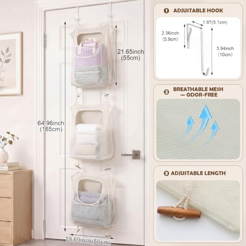 Tranqun 3 Pcs over The Door Hanging Laundry Hamper Mesh Laundry Bag | 65 x 19.7 in Hanging Laundry Bag with Pockets, Hooks, Behind The Door Clothes Organizer, for Bathroom Apartment College Dorm