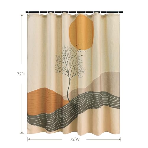 Orange Sun and Green Branch Linen Shower Curtain Set with Liner | Double Layer Shower Curtain Waterproof Fabric with Zippered Removable PEVA Liner,Boho Shower Curtain for Bathroom,Free Hooks - color: Landscape