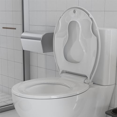 17 Inch Round Toilet Seat with Built-in Toddler Seat, Soft Close White PP Lid, Magnetic Lock, 660 lbs Capacity, Family Potty Training Seat for Kids & Adults - size: 17 Inch