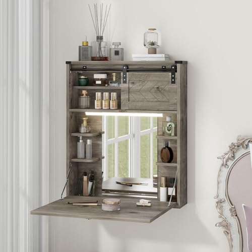 ARTETHYS Floating Vanity Desk with Mirror and Lights Small Wall Mounted Makeup Set with Storage Gray Farmhouse Dressing Table for Tiny Space - color: Grey