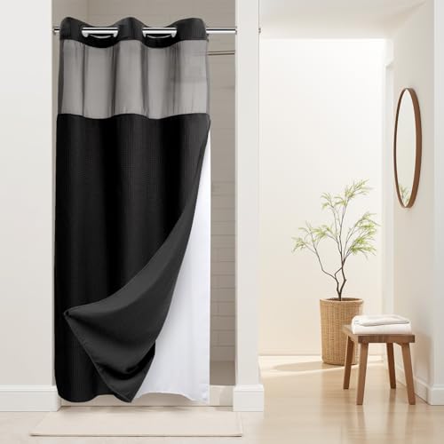 RiverDream Heavyweight Waffle No Hook Shower Curtain with Liner,Black,36x74 | Dotted Waffle,Snap-in Liner,Heavy Duty,Quick Dry,Mesh Top Window,With Bottom Magnets,Hotel-Grade,Washable,Small Stall Size - color: Black, size: 36"W x 74"L (Pack of 1)