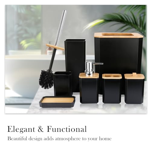 CERBIOR Bamboo Bathroom Accessories Set 7 Piece Bath Ensemble,Black | Includes Soap Dispenser, Toothbrush Holder, Toothbrush Cup, Soap Dish for Decorative Countertop and Housewarming Gift - style: Black
