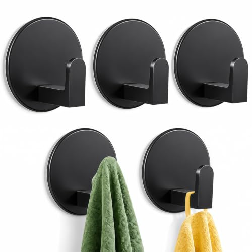 Auxmir Adhesive Towel Hooks, 5 Pack Heavy Duty Wall Hooks 15lb Max, No Drilling Hooks for Bathroom Shower Kitchen, Waterproof Rustproof Stainless Steel Hooks for Towels, Robes, Coats, Black-Round | 15 lb max capacity, heavy-duty no-drill wall hooks, water
