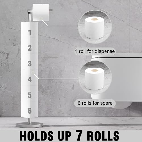 RUACQ Bathroom Toilet Paper Holder Stand with Storage, Brushed Nickel | Free Standing Toilet Roll Holder, Height Adjustable, Holds 6 Reserve Rolls, Weighted Base, 304 Stainless Steel Rustproof - color: Nickel Brushed