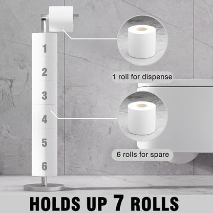 RUACQ Bathroom Toilet Paper Holder Stand with Storage, Brushed Nickel | Free Standing Toilet Roll Holder, Height Adjustable, Holds 6 Reserve Rolls, Weighted Base, 304 Stainless Steel Rustproof - color: Nickel Brushed