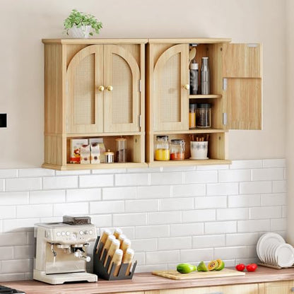 HOOBRO Arched Rattan Wall Cabinet for Bathroom, Over Toilet Storage Cabinet with Doors and Open Shelf, Farmhouse Medicine Cabinet with Adjustable Shelf for Bathroom Kitchen, Natural