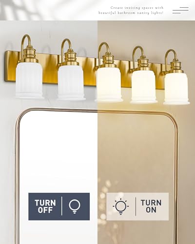 HWH INVESTMENT 5-Light Bathroom Vanity Light, Brushed Gold, 5HZG106B-5W BG | 33-Inch Hardwired Wall Light with Frosted Bell-Shaped Glass; 5 E26 Bulbs, Max 60W Each; Reversible Up or Down Mount - color: Brushed Gold, size: 5-Light