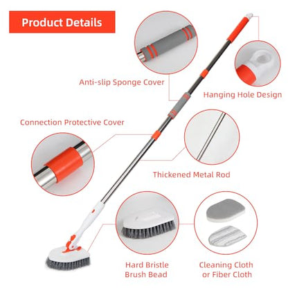 Bathtub Cleaning Brush Long Handle, Shower Bathroom Cleaner Brush Scrubber | 3 Different Detachable Scrub Brush Replacement Head for Scrubing Bathroom Floors, Tubs, Tiles, Kitchen Walls