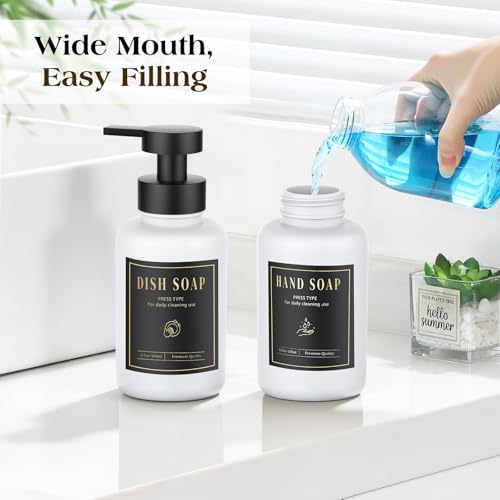 Luxspire Glass Foaming Soap Dispenser 15oz Hand Soap Bottle, White, 2 Pack | Anti-drip pump, wide mouth easy refill, non-slip silicone base, 7 waterproof labels, bathroom and kitchen sink use - color: White
