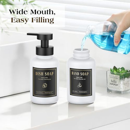 Luxspire Glass Foaming Soap Dispenser 15oz Hand Soap Bottle, White, 2 Pack | Anti-drip pump, wide mouth easy refill, non-slip silicone base, 7 waterproof labels, bathroom and kitchen sink use - color: White