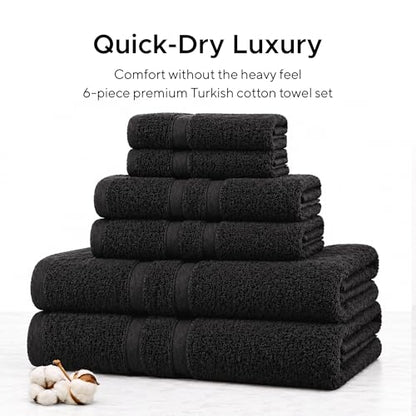 Veteran Textile LLC - 6 Pieces - Turkish Cotton - Luxury Towel Set for Bathroom & Kitchen, 2 Bath Towels, 2 Hand Towels & 2 WashCloths *Valued $79.99* (Black) - color: Black