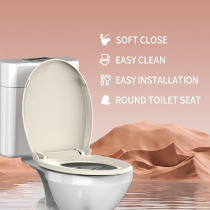 Round Toilet Seat Almond 16.5 Inch, Soft Close Toilet Seat, Quiet No Slam Toilet Lid, Easy Install & Quick Release, Durable PP Plastic, Easy Clean, Fits Most Standard Round Toilets, Almond - color: Almond, size: without toddler seat 1 Pack