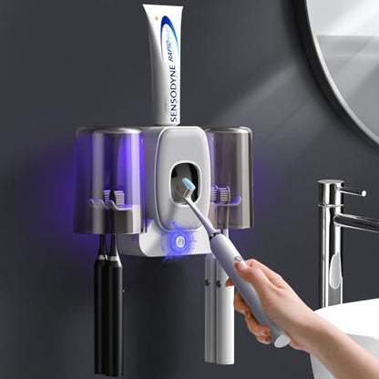 Toothbrush Holders for Bathrooms, Wekity Automatic Toothpaste Dispenser Space Saving Toothbrush and Toothpaste Holder，Toothbrush Holder Wall Mounted with 2 Cups for Bathroom (Grey)…