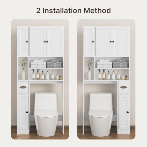 Over The Toilet Storage Cabinet, with Five Doors, White | Over Toilet Bathroom Organizer with Adjustable Shelves, Above Toilet Storage Cabinet for Bathroom, Restroom, Laundry