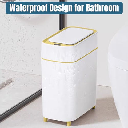 2-Pack Automatic Bathroom Trash Can with Lid, Slim Motion Sensor Garbage Can, Waterproof Touchless Trash Bin, Smart Trashcan for Bedroom, Living Room, Narrow Space, 2.3 Gallon, White+Gold Trim - color: White+Gold Trim