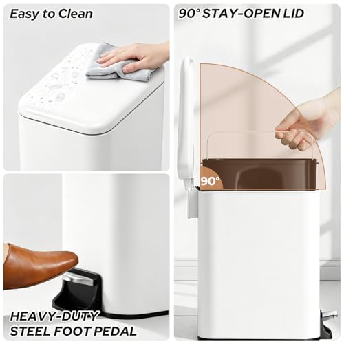 Small Bathroom Trash Can w/Lid Soft Close, 6 Liter/1.6 Gallon Stainless Steel Garbage Can w/Inner Bucket, Trash Bin Waste Basket for Kitchen, Bedroom, Living Room, Office, Toilet, White - color: Matte White