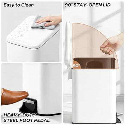 Small Bathroom Trash Can w/Lid Soft Close, 6 Liter/1.6 Gallon Stainless Steel Garbage Can w/Inner Bucket, Trash Bin Waste Basket for Kitchen, Bedroom, Living Room, Office, Toilet, White - color: Matte White