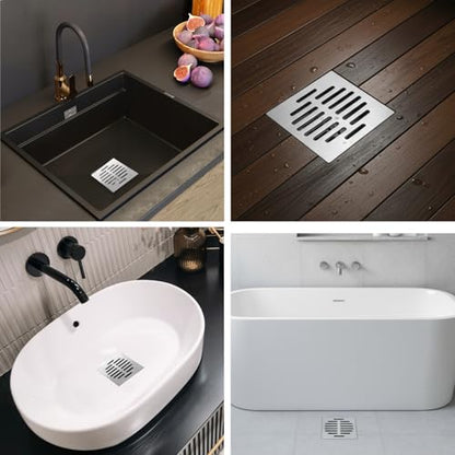 2PCS Square Shower Drain Cover, 5Inch Stainless Steel Bathroom Hair Catcher for Shower, Flat Floor Drain Cover for Bathroom, Kitchen