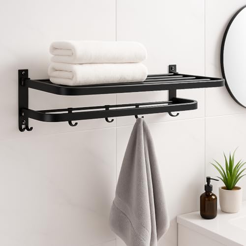 Foldable Towel Rack with Hooks – Wall Mounted Stainless Steel Bathroom Shelf for Towels, Bathrobes & Accessories | Double dacker, Rust-Resistant, Space-Saving Design for Modern Bathrooms (Matte Black) - color: Matte Black