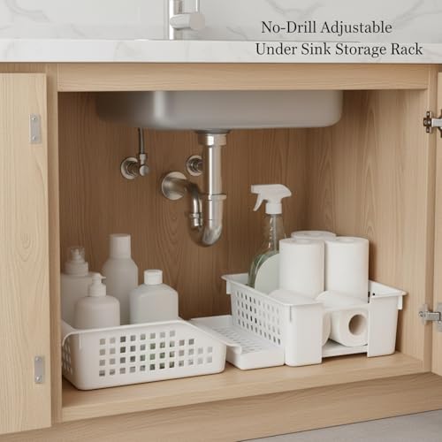 Adjustable Telescopic Cabinet Shelf, Tool-Free Under Sink Organizer Rack, Carbon Steel and PP Plastic Storage Solution for Kitchen and Bathroom - size: 9.84 x 6.69 x 3.31 in