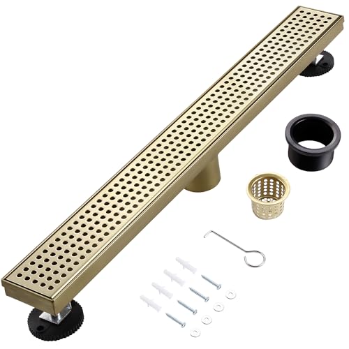 Linear Shower Drain, 12 inch Brushed Gold | Including Hair Catcher and Removable Grate, 304 Stainless Steel, Easy to Install and Clean (Drain Base Not Included) - color: Brushed Gold, size: 12 Inch