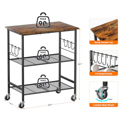 NTE Rolling Kitchen Microwave Cart, 3 Tier Microwave Stand with Storage, Small Kitchen Island on Wheels, Kitchen Storage Cart with 6 Hooks for Kitchen, Coffee Bar, Living Room, Balcony - color: Black
