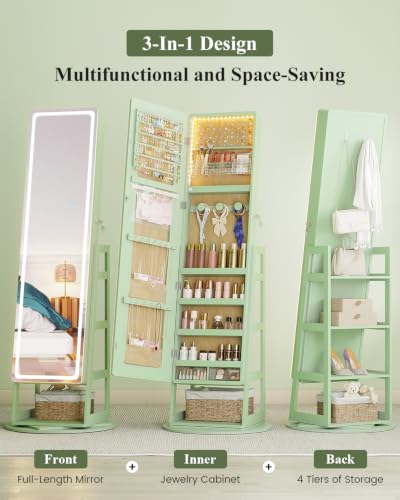 Standing Jewelry Cabinet Mirror with Adjustable LED Light Green | 63" Lockable Jewelry Armoire Organizer with 4 Rear Shelves & Hooks, 360° Swivel, for Bedroom, Living Room, Women Girls Gift - color: Green