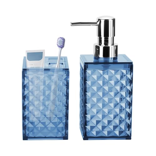 Bathroom Accessories Set 2 PCS, Blue Soap Dispenser and Toothbrush Holder | Diamond Pattern Bathroom Set for Boho Bathroom Decor - color: Blue