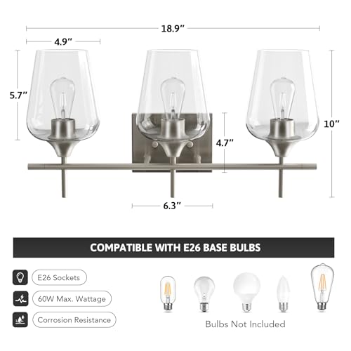 VONLUCE 3 Light Bathroom Vanity Light Fixture,Brushed Nickel | Wine Glass Shades, E26 Sockets, Easy to install, Vanity Lights for Bathroom Bedroom Hallway Living Room - color: Nickel, size: 3-Light
