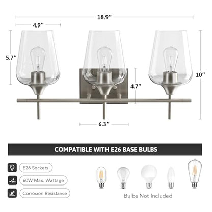 VONLUCE 3 Light Bathroom Vanity Light Fixture,Brushed Nickel | Wine Glass Shades, E26 Sockets, Easy to install, Vanity Lights for Bathroom Bedroom Hallway Living Room - color: Nickel, size: 3-Light