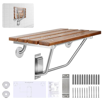 𝙐𝙥𝙜𝙧𝙖𝙙𝙚 15 Inch Folding Shower Seat Wall Mounted, Teak Wood Shower Seat with Stainless Steel Bracket & Finish Cap, 420lb Capacity, for Elderly, Disabled, Pregnant Women, Kids