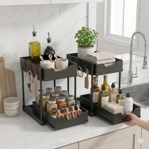 Set of 2 Under Sink Organizer, 2-Tier Black Plastic Storage Rack | Sliding Drawer, For Kitchen and Bathroom