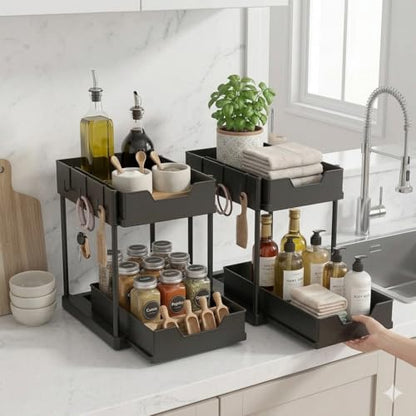 Set of 2 Under Sink Organizer, 2-Tier Black Plastic Storage Rack | Sliding Drawer, For Kitchen and Bathroom